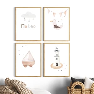 Kinderzimmer Poster Set,  Bilder Junge, Maritim 4er Bilder Set, Möwe, Boot, Leuchtturm, Mädchenzimmer Poster, Mädchen Bilder, Babyzimmer