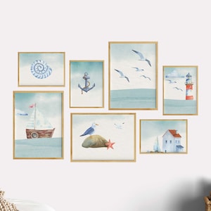 Wohnzimmer Deko Wand, Maritime Wandgestaltung Meer, Posterset Blau Hafen, Aquarell Küste, Anker, Möwen und Leuchtturm, 7er Collage, Wanddeko