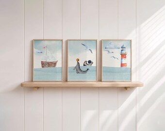 Blue children's room pictures, nautical poster set for boys' rooms, seal wall decor picture set for boys, wall art, coastal animals, seagull, baby room