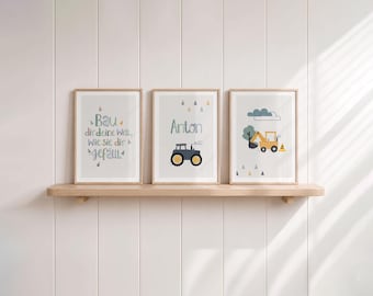 Children's room pictures, set of 3: tractor, poster with the saying "Build your world", excavator, name for baby boy's room, customizable wall decor, wall art