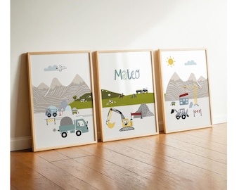 Children's room pictures for boys, construction site theme, wall decoration poster set with excavators, mountains, colorful, personalized with name, animals, baby, sun, vehicles, farm