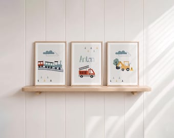 Children's room pictures boy train, fire engine, excavator, wall decoration poster set, personalized name decoration baby, construction site vehicles, gray