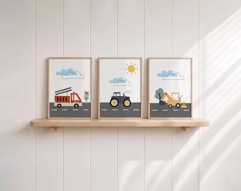 Personalized children's room poster for boys with name – set of 3 pictures: fire engine, tractor, excavator – road, traffic light decoration, baby room gift, birth