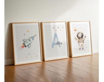 Children's room pictures astronaut, 3-piece poster set rocket, space name grey and blue, boys' room children's room decor, wall art for children, watercolor