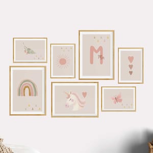 Poster per la cameretta dei bambini, decorazione per la cameretta dei bambini in stile boho rosa antico, quadri murali, set di 7 quadri, arcobaleno, sole, unicorno, farfalla