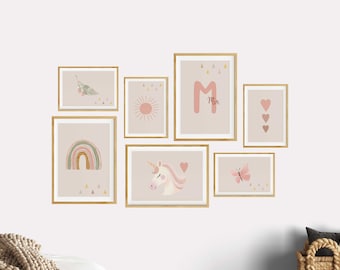 Girls' bedroom poster, dusty rose boho children's room decor, wall art, set of 7 pictures, rainbow, sun, unicorn, butterfly