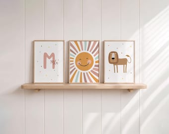 Pictures for a girl's bedroom, animal posters, lion, sun, name as wall art and wall decoration in dusty rose, mint and beige boho decor, children's room decor