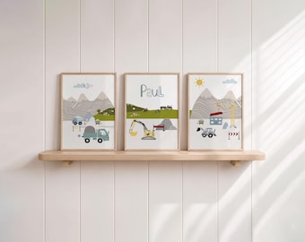 Children's room pictures, set of 3, construction site, personalized poster for boy, excavator, truck, crane, mountains, wall decoration, name picture for birth, boy's room, grey