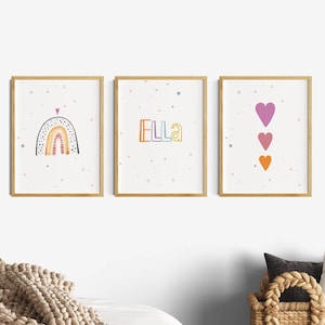 Cuadros para habitaciones de niñas, set de 3 láminas con arcoiris, corazones y nombres, decoración habitación infantil, cuadros de pared para habitaciones de bebé, rosa menta rosa naranja