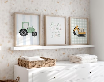 Children's room pictures, set of 3: tractor, poster with the saying "Build your world", excavator, fire engine, baby boy's room, Scandinavian wall decor, art prints