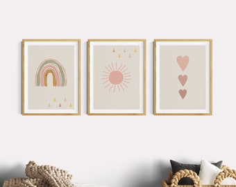 Oudroze poster voor meisjeskamer, regenboogzonharten, set van 3 afbeeldingen voor meisjes, kinderkamerdecoratie boho grijs beige muurafbeeldingen, babykamer roze