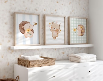 Children's Room Poster Set of 3: Bear and Hedgehog | Wall Art for Baby's Room, Decor for Boys and Girls | Animal Posters: Boho Bee and Woodland Animals | Baby Shower Gift
