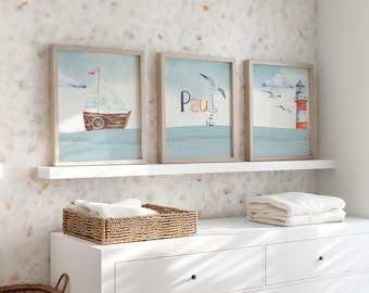 Blue children's room decor for a boy, nautical wall design idea poster set for a boy's room, name wall art, 3 animal pictures, coastal seagull anchor, blue