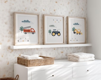 Kinderzimmer Bilder 3er Set Fahrzeuge, Poster Babyzimmer Junge Skandi, Bagger Traktor Feuerwehr, Wanddeko Boho Grau, Kinderzimmerdeko Jungs
