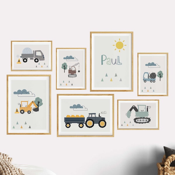 Chambre d'enfant photos garçon tracteur, décoration murale 7 collage poster set pelle, personnalisé avec nom décoration bébé naissance, véhicules de chantier