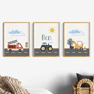 Kinderzimmer Bilder Junge, 3er Posterset Jungenzimmer, Wanddeko Feuerwehr, Bagger, Sonne Wandbilder, Namensposter, Babyzimmer, Spielzimmer