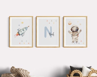 Kinderzimmer Bilder Astronaut, 3er Poster Set Rakete, Weltall Name Grau und Blau, Jungenzimmer Kinderzimmerdeko, Wandbilder Kinder, Aquarell