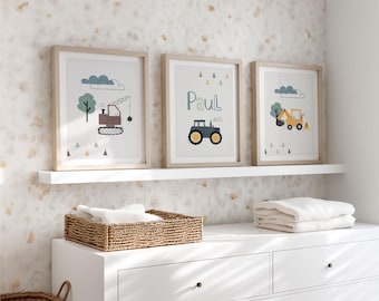 Personalized children's room poster for boys with name – Set of 3 pictures: tractor, excavator, wrecking ball – Boho decor, baby room gift, birth, A4
