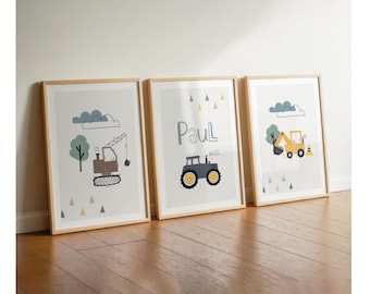 Nursery poster boy tractor, wall decoration poster set excavator, personalized with name decoration baby birth, construction site vehicles farm car