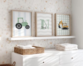 Personalized children's room posters for boys, 3-piece poster set of vehicles, tractor, name, excavator, wall art for baby's room, boys' room pictures, wall decor