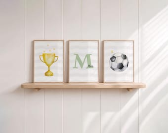 Personalized children's poster set, football cup design, wall art for boys' bedrooms, name, gift for starting school, birthday, sports, sage green, set of 3