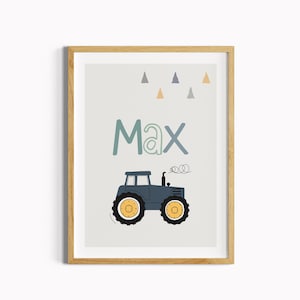 Cuadros habitación infantil niño, decoración habitación infantil tractor, cartel nombre nombre, boho gris, cartel decoración pared habitación niño habitación bebé, regalo bautizo