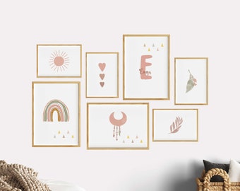 Children's room pictures girls, old pink boho children's room decoration, wall pictures, 7-piece collage poster set, rainbow, sun, feather, hearts name beige