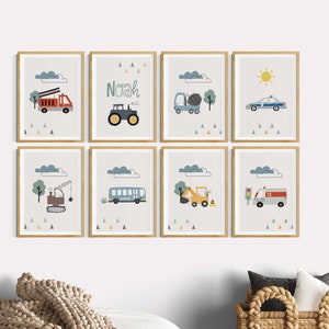 Poster Kinderzimmer Junge, Feuerwehr, Bagger Traktor Fahrzeuge, 8er graue Bilder Set, Kindersprüche Baustelle, Kinderzimmerdeko, Wandbilder
