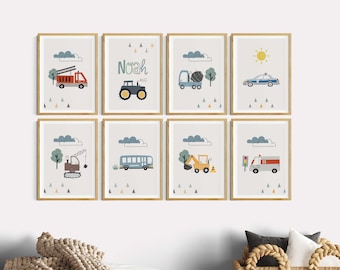 Poster for a boy's bedroom, featuring fire trucks, excavators, tractors, and other vehicles; set of 8 grey pictures; children's sayings about construction sites; children's room decor; wall art