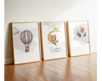 Nursery poster boy, poster set of 3 boy, wall decoration bear, name pictures, animals, baby room boho boys, hot air balloon wall pictures teddy