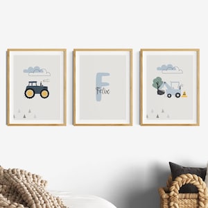 Cuadros para habitación infantil, niño, excavadora, tractor, azul claro, gris, azul, decoración de pared, juego de 3 carteles, decoración con nombre, bebé, vehículos de obra, letras pastel