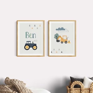 Children's room poster boy tractor, pictures set of 2, children's room decoration excavator name poster, baby room decoration, construction site farm tractor, boho