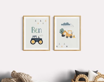 Children's room poster for a boy, tractor design, set of 2 pictures, children's room decor with excavator and name poster, baby room decor, construction site, farm, tractor, boho