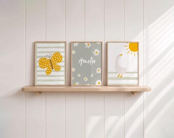 Poster for girls, sage green, daisies, goose, butterfly, 3-piece picture set as children's room decoration, gift for girls' rooms, children's room