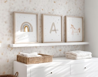 Pictures for a girl's bedroom, unicorn, rainbow and name boho wall decor, children's room decor beige brown, personalized girl's room, poster