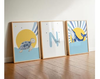 Children's room pictures: animals, whale, turtle, name poster, 3-poster set, sea animals in blue and yellow, wall decoration for boys' rooms, children's room decoration