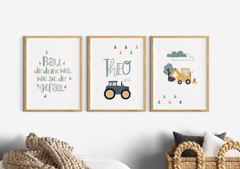 Bilder Kinderzimmer Junge Traktor, Kinderzimmerdeko Poster Set Bagger, Wanddeko Name, Kinder Sprüche, Deko Baby, Baustelle Bauernhof, Grün Weiß