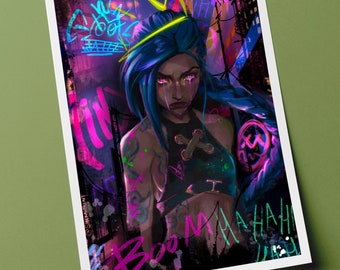 May include: A print featuring a digital illustration of a character with blue hair and pink eyes, set against a graffiti-style background. The artwork includes neon accents and the words "BOOM" and "HAHA".