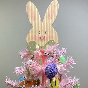 Easter Bunny Lighted Decorated Pink Easter Tree, Wooden Bunny Tree Topper, Happy Easter Lighted Bunny Tree, Fully Decorated Mini Easter Tree