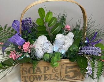 Doves in a Soapbox Floral, Vintage Inspired Arrangement, Lighted Nesting Bird Decor, Together Birds