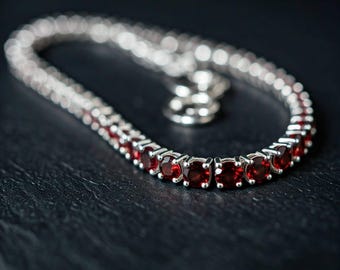 925 Silver Garnet Tennis Necklace for Woman , January Birthstone Jewelry , Layered Choker Necklace , Red Stone Necklace, Dainty Gift for Her