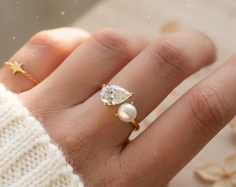 Toi et Moi Pearl Ring 925 Sterling Silver | Two Stone Vintage Ring | Promise Ring for Her | Anniversary Gift | Elegant Pearl Jewelry