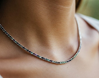 925 Silver Alexandrite Tennis Necklace for Woman , June Birthstone Jewelry , Layered Choker Necklace , Vibrant Multi Color Gemstone Necklace