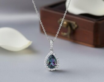 Teardrop Alexandrite Halo Necklace | Sterling Silver Pendant | Color-Changing Gemstone Jewelry Gift for Her