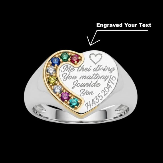 Engraved Heart Ring With Birthstones: Sterling Silver Family