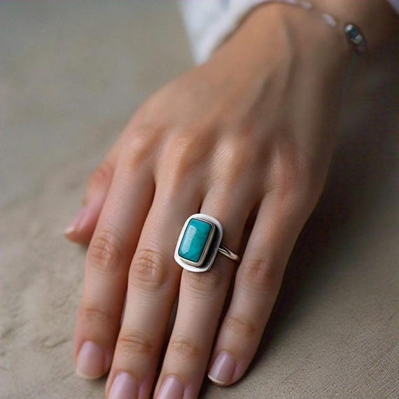 Minimalist Rectangle Turquoise Ring 925 Silver Natural Gemstone