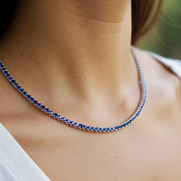 925 Silver Blue Sapphire Tennis Necklace: September Birthstone