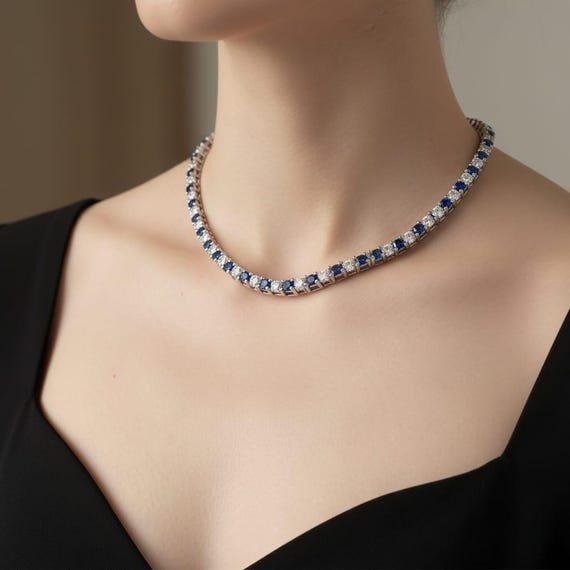 925 Silver Sapphire and Diamond Tennis Necklace for Woman, September Birthstone Jewelry, Layer Choker Necklace, Dainty Wedding Gift for Her