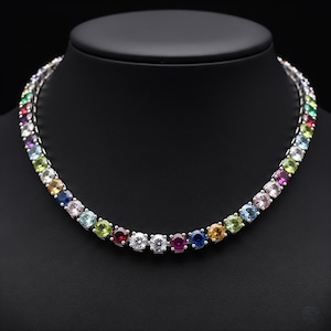 925 Silver Multi Birthstone Tennis Necklace for Woman , Layered Choker Necklace , Colorful Stone Necklace, Dainty Wedding Gift for Her