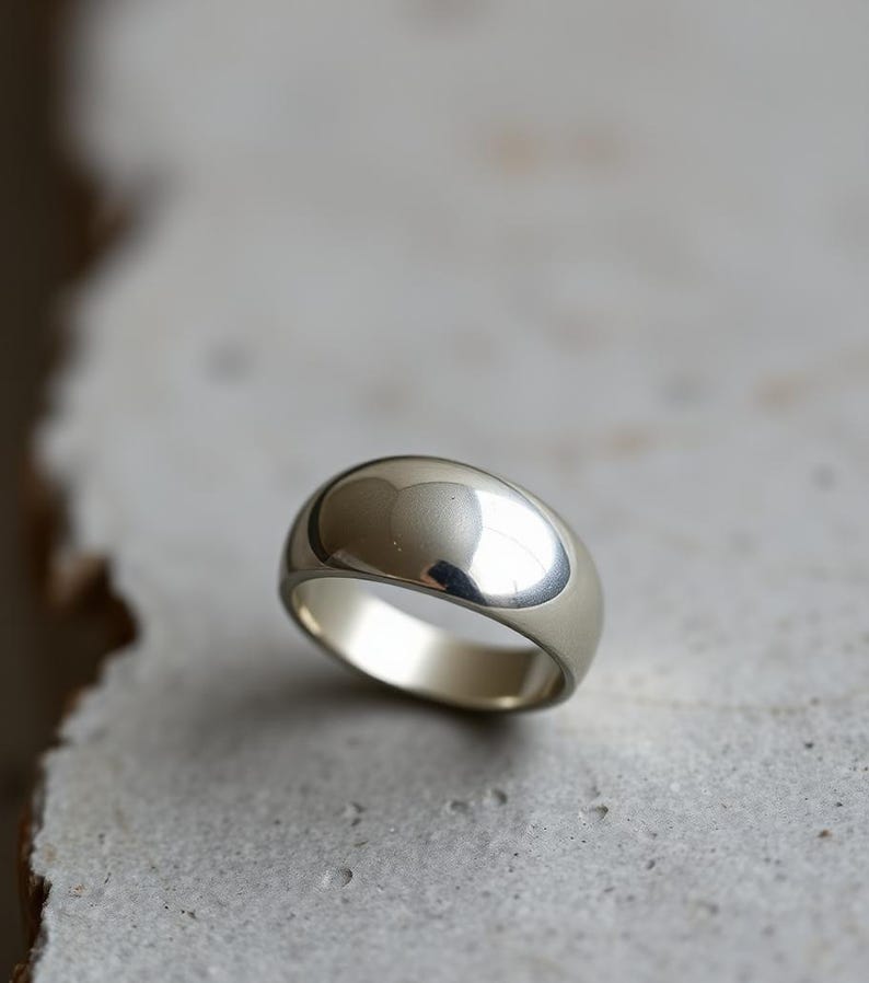 May include: A silver ring with a rounded, domed top. The ring is smooth and polished, reflecting light.